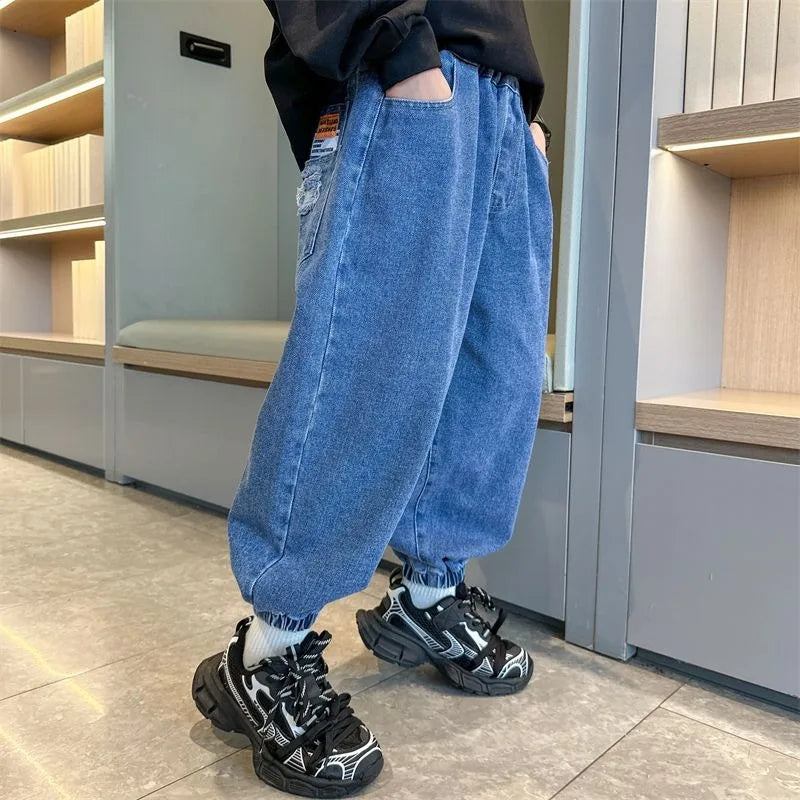 2025 New Boys' Denim Jeans Spring Autumn Kids Casual Sport Pants Long Korean Style Trendy Streetwear