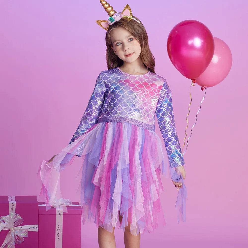 VIKITA Girls Mermaid Print Princess Dress Girl Cake Layered Performance Tutu Dresses Kids Long Sleeve Autumn Winter Party Dress