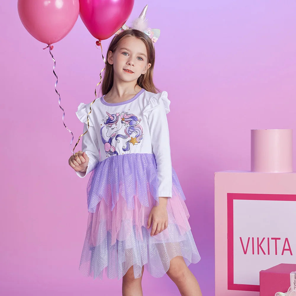 VIKITA Winter Children Dresses Unicorn Kids Princess Tutu Dress Irregular Prom Costume Long Sleeve Birthday Party Girls Clothes