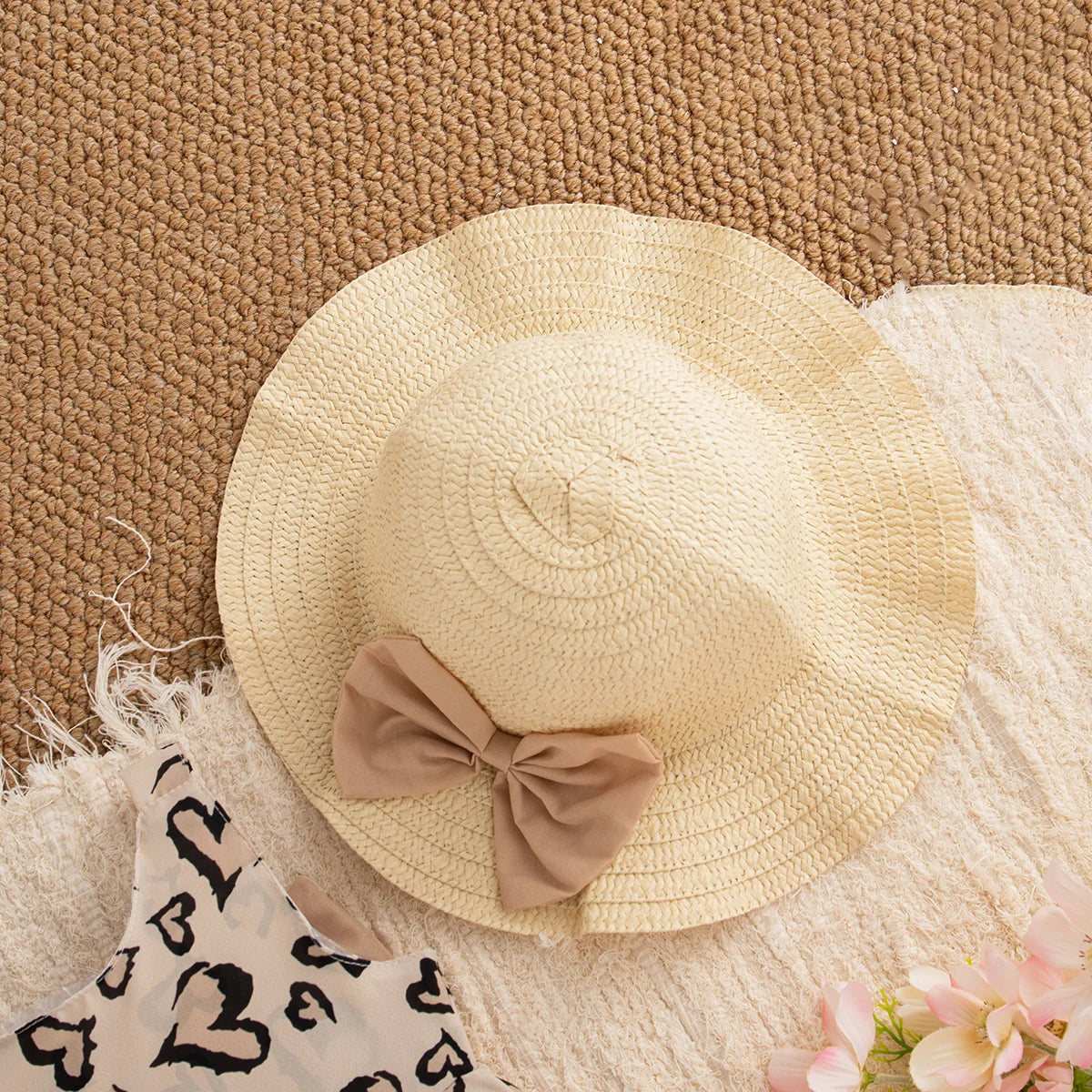 6-24 Months Summer New Sweet Bow Baby Girl Dress, Cute Leopard Print Children'S Clothes With Free Hat For Beach Parties