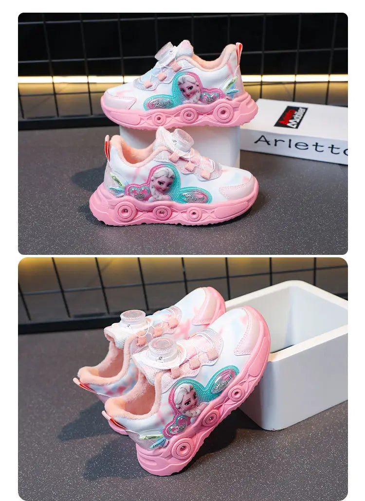 Disney LED Casual Sneakers Pink Purple For Summer Girls Frozen Elsa Princess Print Outdoor Shoes Children Lighted Non-slip Shoes