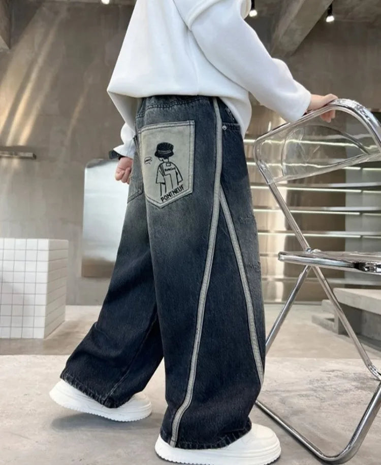 2025 New Boys Straight Jeans Big & Tall Kids Autumn Winter Denim Pants Boys Long Jeans