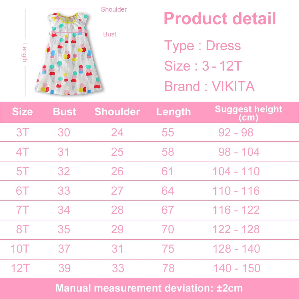VIKITA Girls Camisole Sling Suspenders Sleeveless Summer Dress Kids Ice Cream Print Flare Sleeve Dresses Children Clothing