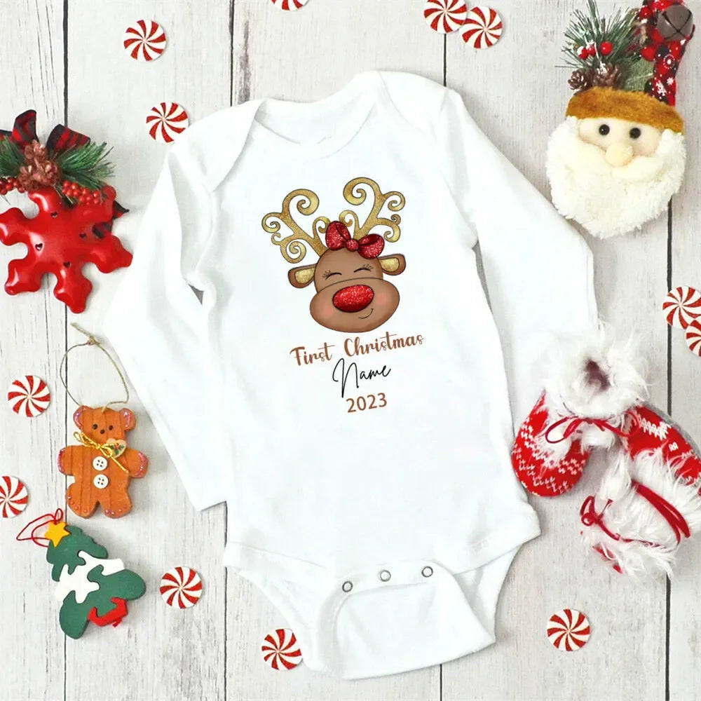 Personalised Christmas Baby Bodysuit Boys Girls Cute Clothes Custom Deer Print Infant Christmas Romper Xmas Party Baby Gift