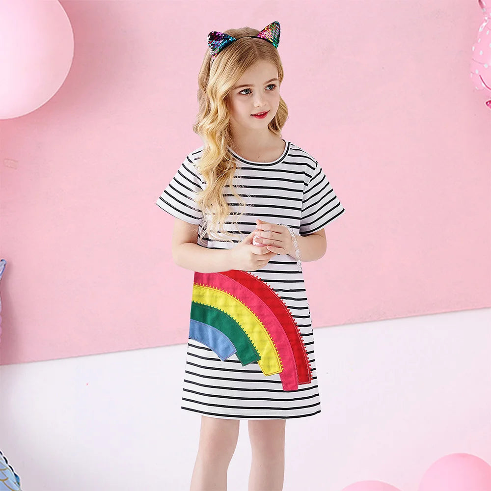 VIKITA Girl Short Sleeve Striped Dress for Summer Kids Rainbow Appliqued Cotton Casual Daily Cozy Straight Vestidos Kids Clothes