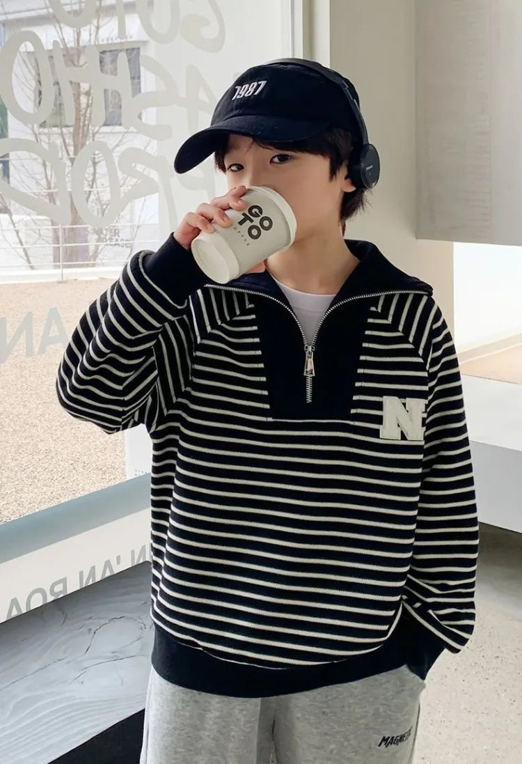 Boys' Medium-Large 2025 Spring/Autumn Korean Style Large Collar Black & White Striped No Hood Sweatshirt