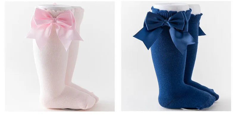 1 Pair Spanish Style Girls Socks Solid Color Big Bow 100% Cotton Baby Children Toddlers Long Socks Princess Knee High Socks