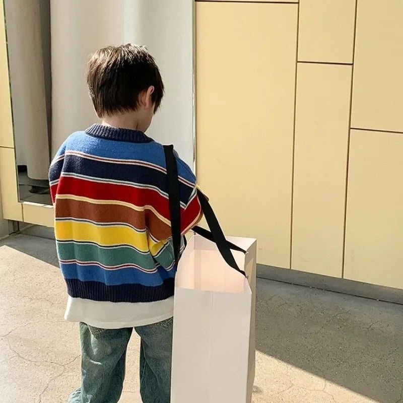 Boys' Forest Style Cardigan Sweater 2025 Spring Autumn New Design, Colorful Stripes Knit Versatile Jacket for Kids Stylish
