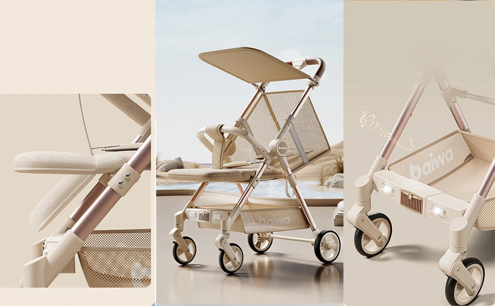 Baby Stroller Foldable Travel Umbrella Cart Lightweight & Compact Reclining Pocket Stroller with Music & Light Canopy for Babies