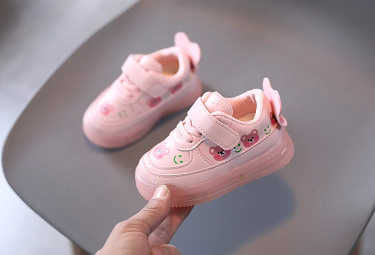 Disney LED Casual Sneakers For Spring Outdoor Cartoon Shoes Children Lighted Non-slip PU Leather Bear White Shoes Size 21-30