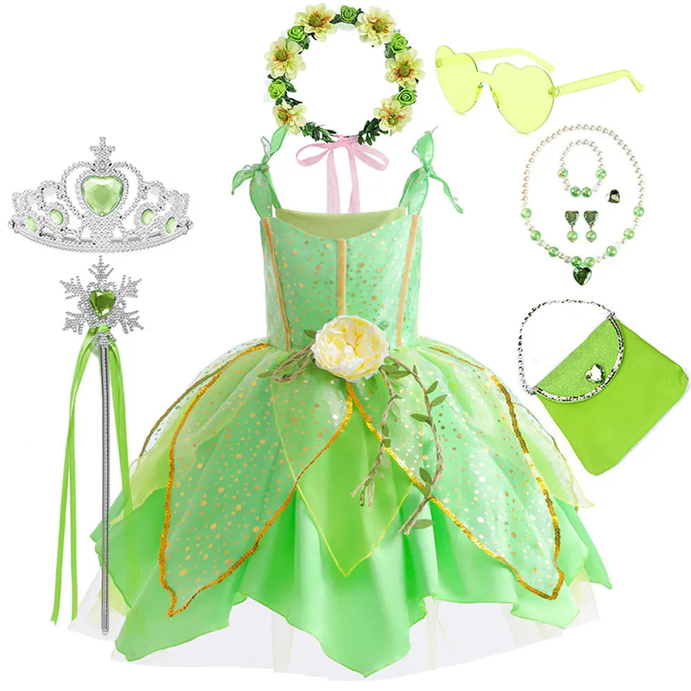 Disney Classic Elf Movie Tinker Bell Girls Play Fairy Dress Green Suspender Skirt With Wings and Flower Christmas Gift for Girls
