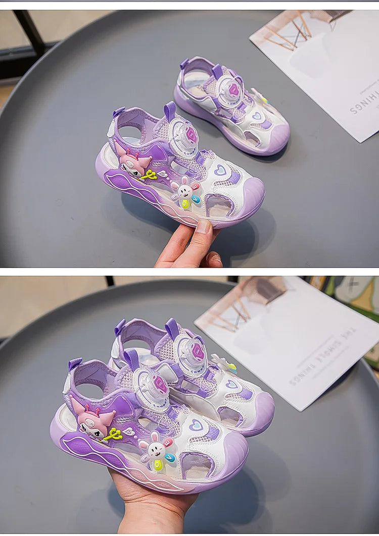 Sandals Girls Cartoon PU Leather Summer Fashion Outdoor Flat Bottom Breathable Anti-slip Pink Purple Size 26-37