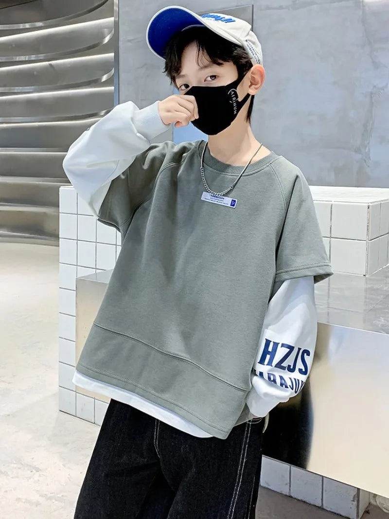 Fake Two Pieces Top Clothes for Children Kids T-shirts Children's Clothing Boys Spring Autumn Oversized T-shirt Boys' Outdoor