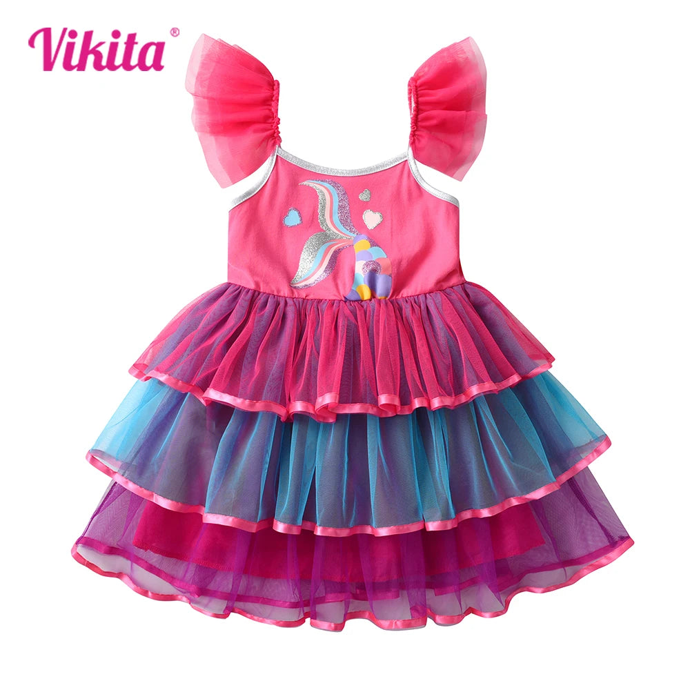 VIKITA Girls Suspenders Dress Children Mermaid Print Cartoon Summer Dresses Kids Birthday Party Prom Gown Princess Tutu Dresses