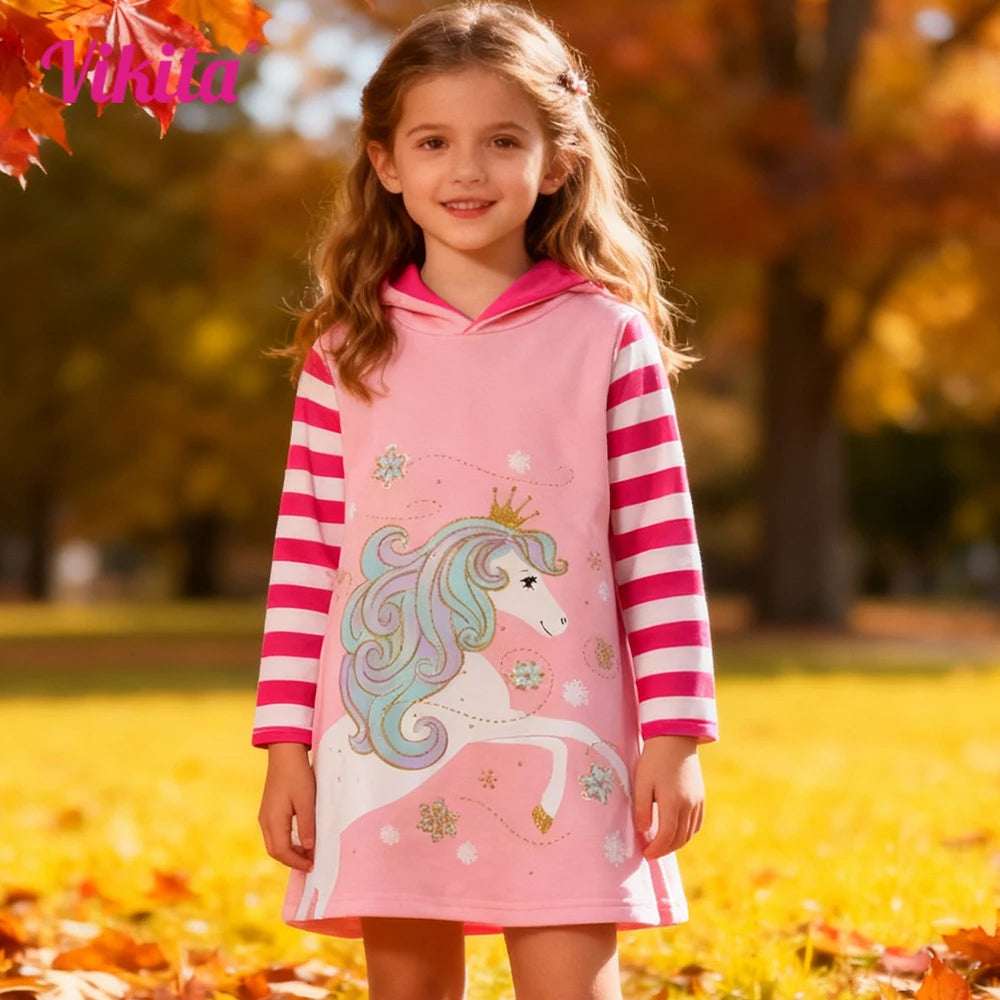 VIKITA Girls Hooded Dress Kids Pink Thick 100% Cotton Street Style Dresses Kids Pink Long Sleeve Autumn Spring Staight Frocks