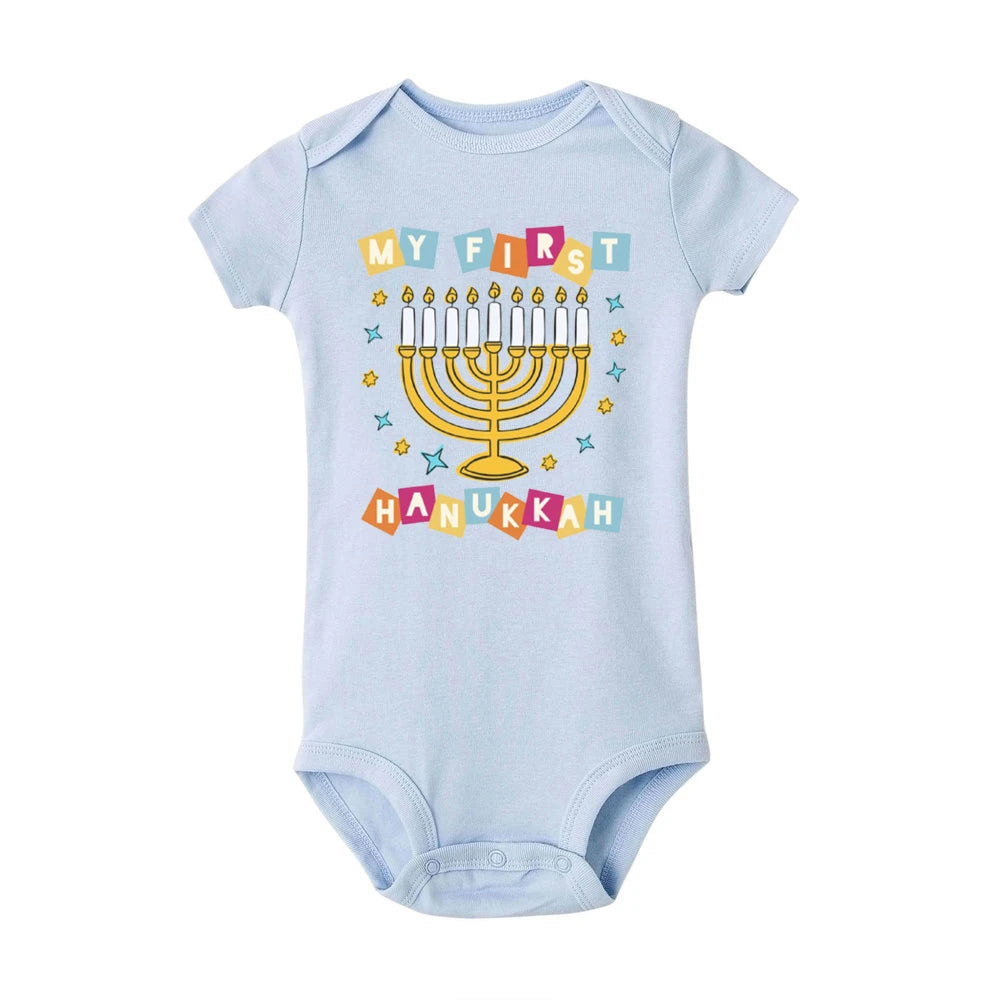 My First Hanukkah Print Baby Bodysuit Boys Girls Jewish Chanukah Short Sleeve Romper Infant Newborn Holiday Outfits Kids Clothes