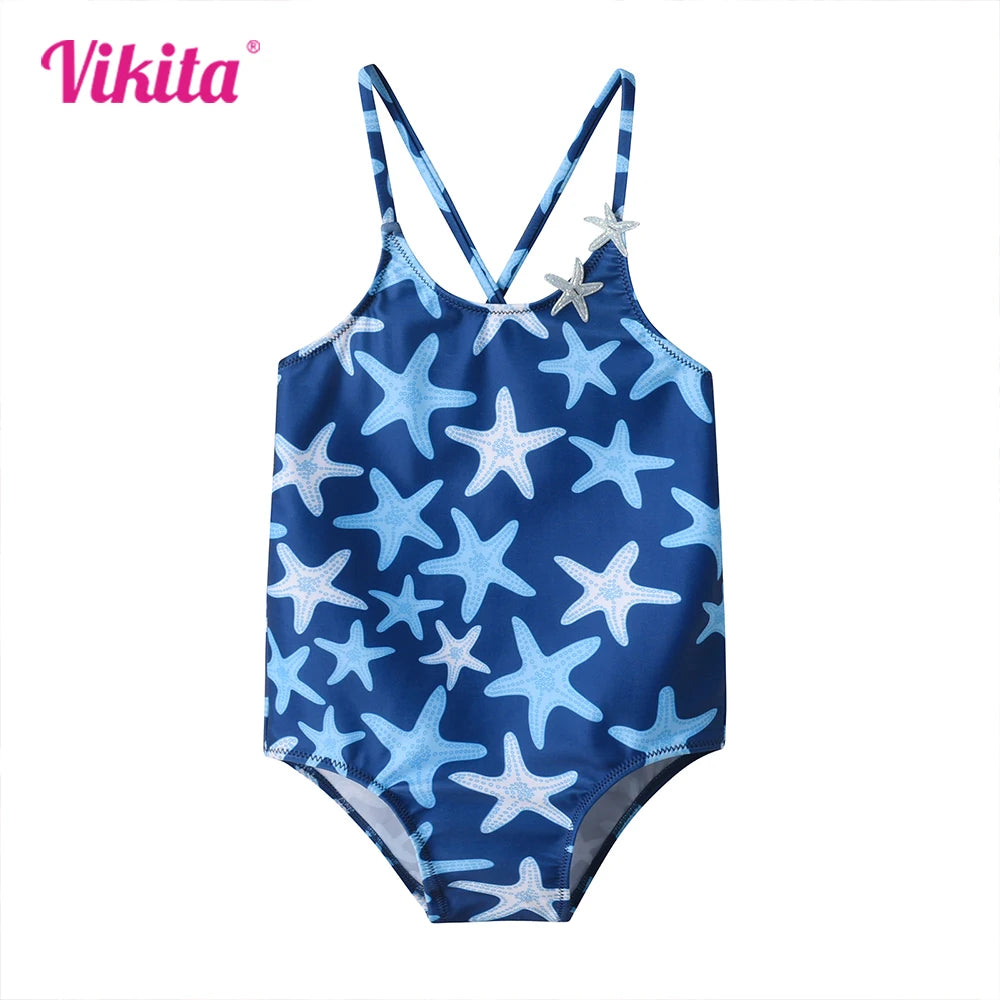 VIKITA Girls Swimwear One Piece Teens Seastar Print High Quality Beachwear for Kids Girls Camisole Swimsuit 4 To 10 Years Old