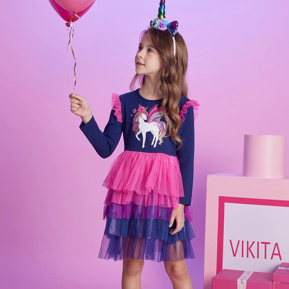 VIKITA Girls Gradient Autumn Dress Kids Licorne Sequined Appliqued Performance Mesh Tulle Prom Gown Girls Princess Cake Dresses