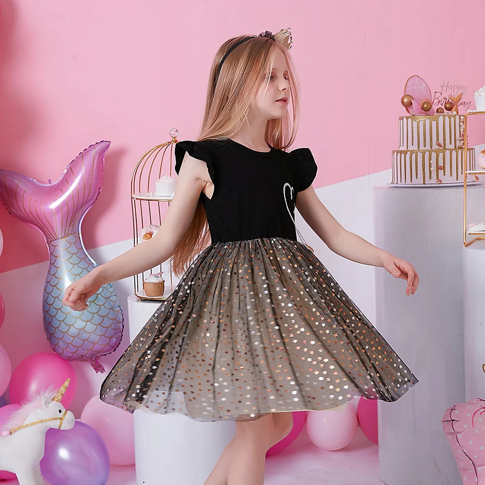 VIKITA Girls Prom Gown Birthday Party Performance Festival Elegant Sequins Princess Dresses Kids Flare Sleeve Mesh Tulle Dress