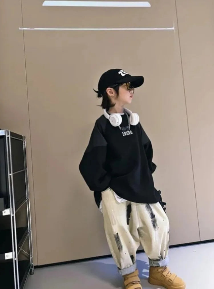 2025 Spring/Autumn Boys' Hip-Hop Long Pants, Kids' Size 12-14 Versatile Graffiti Casual Streetwear Trousers