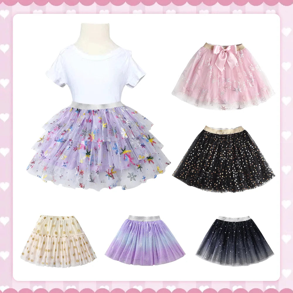 Girls Tutu Sequins Skirts Kids Clothes Bow Layered Skirts Princess Pleated Skirt Kids Mesh Skirt Girls Children Party Clothes