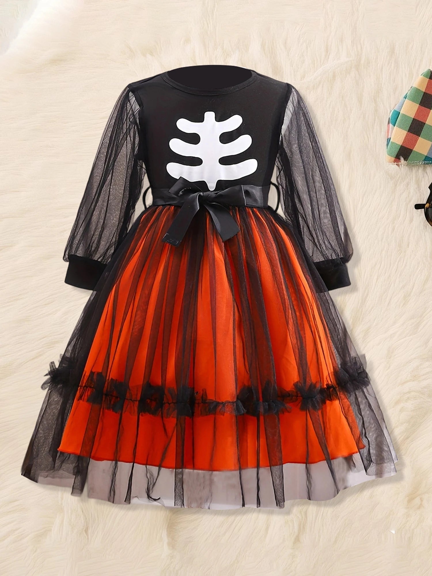 Girls Halloween Costume Dress Skeleton Print Long Sleeve Crew Neck Tulle Patchwork Fall Dress for Kids Party Wear