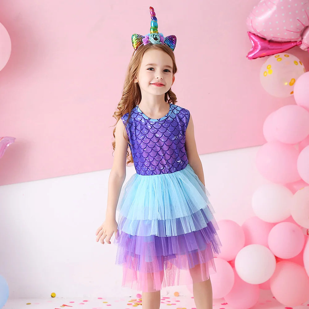 VIKITA Kids Mermaid Print Sleeveless Dress Girls Birthday Party Performance Princess Dresses Girls Mesh Layered Cake Tutu Dress