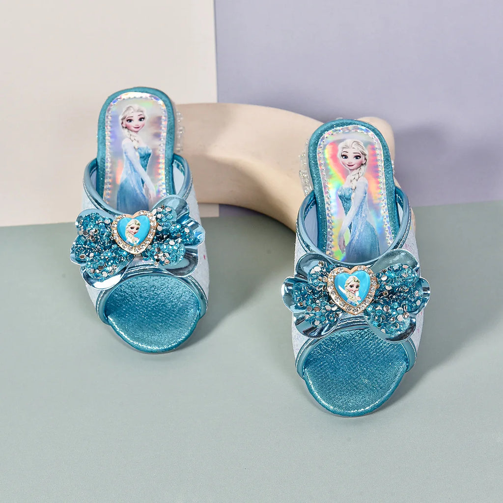 Disney Kids Princess Shoes Frozen Elsa Bowknot Low Heel Slippers Casual Baby Girls Party Wedding Leather Blue Shoes Size 27-36
