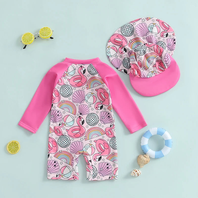Baby Boys Rash Guard Swimsuit with Hat 2 Pcs Set Zip Up Long Sleeve Crew Neck Toddler Boys Swimwears and Sun Protection