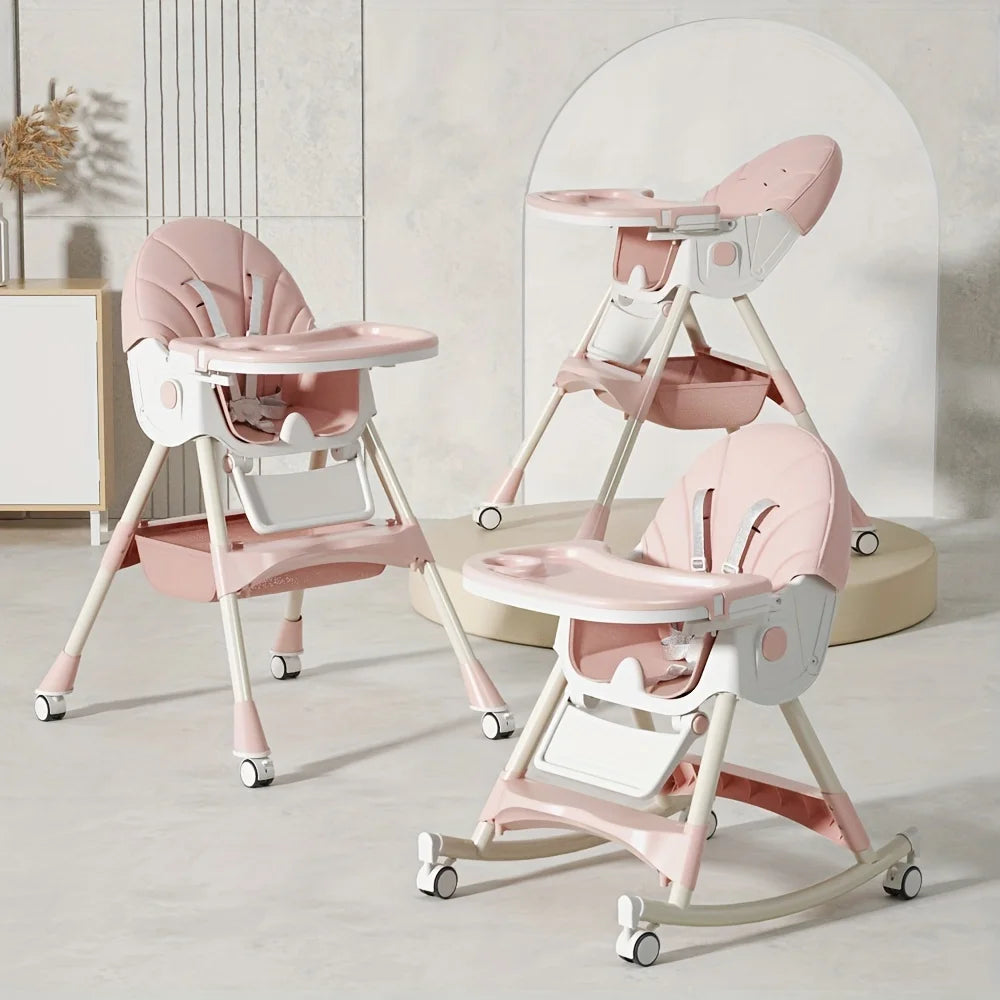 3-in-1 Convertible Baby High Chair Foldable Infant Chair Rocking Chair with Harness Lockable Wheels Removable Seat & Trays
