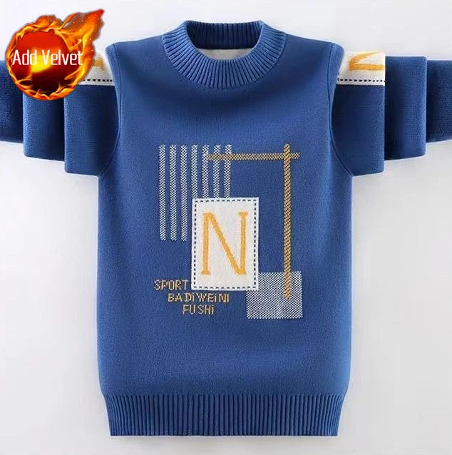 Autumn Winter Boys' Fleece-Lined Thickened Knitwear Pullover Sweater Base Layer for Boys Medium-Large Size Fashionable Knitwear