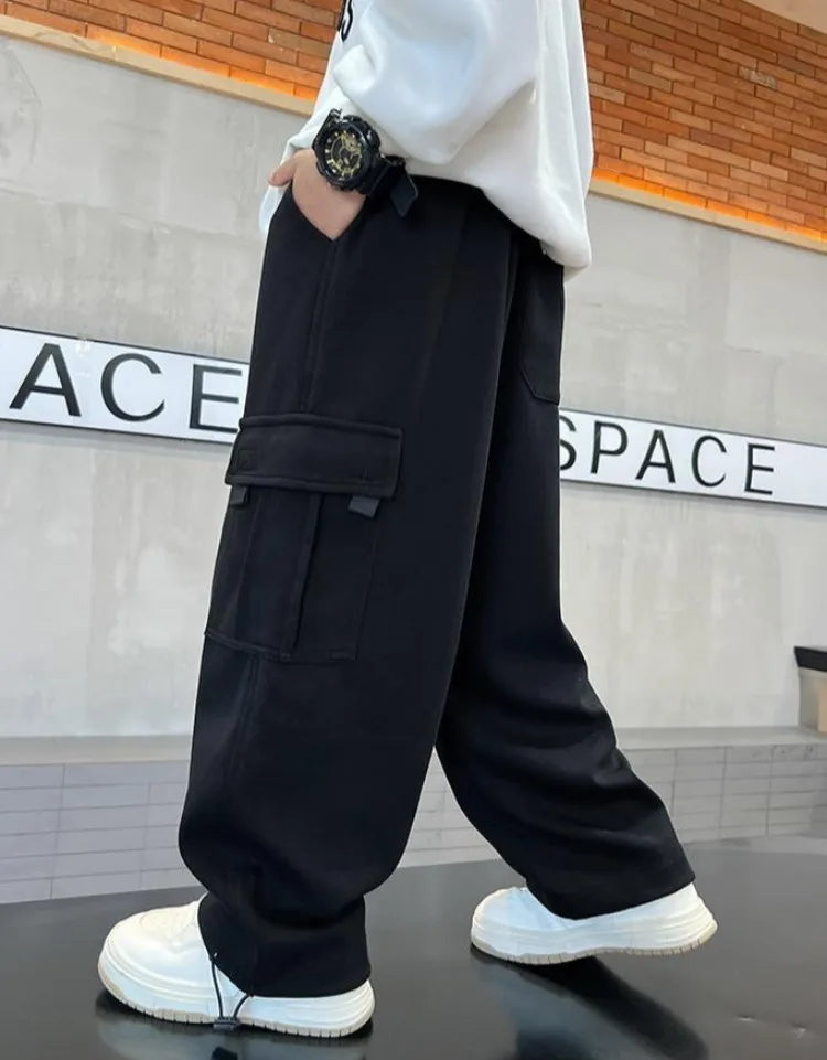 2025 New Boys Autumn Winter Fleece-Lined Sports Cargo Pants, Big Boy Streetwear Trends, Warmth & Comfort