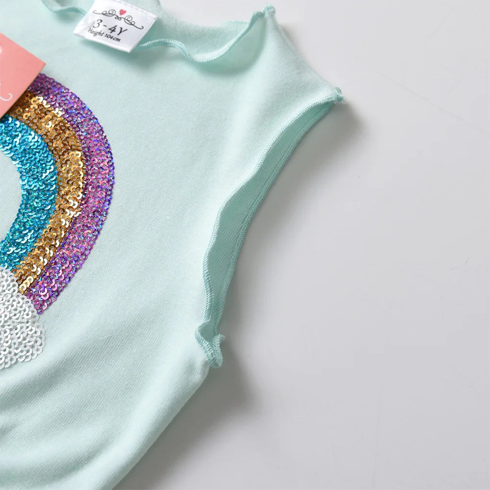 VIKITA Girls Sleeveless Dress Kids Rainbow Sequined Appliqued Summer Dress Girls Casual Daily Blue Mesh Tulle Princess Vestidos