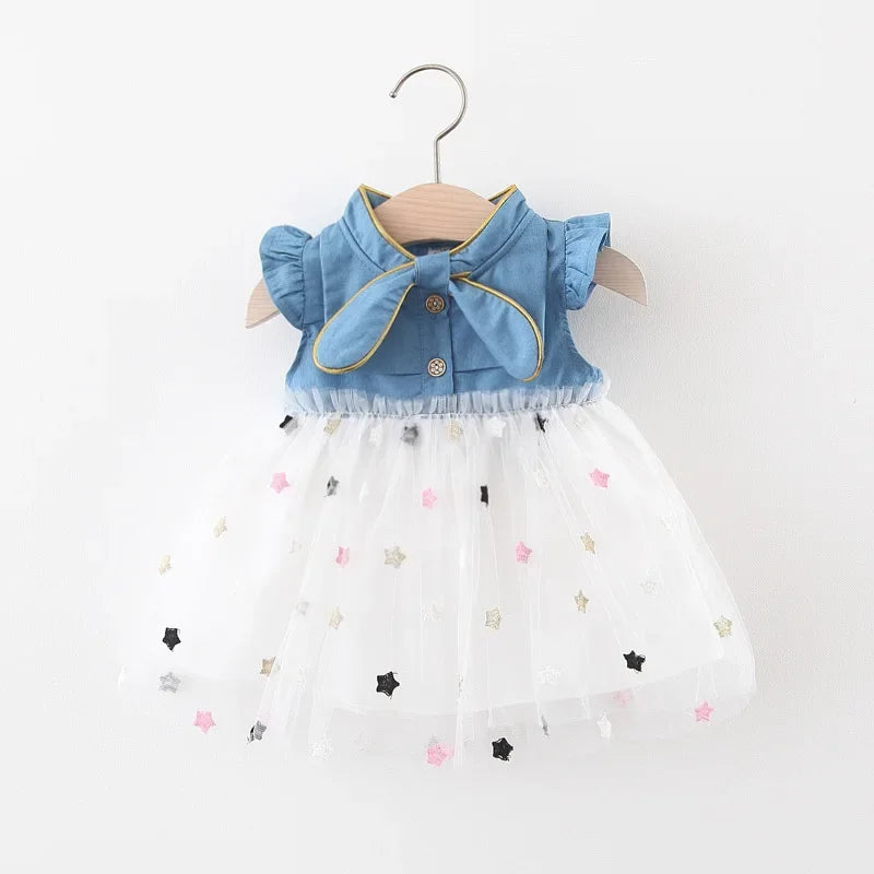 (Girls 0-3 Years Old)New Summer Girls Dress Small Flying Sleeve Bow Cowboy Work Pompous Past Polka Dot Color Sweet Princess Dres