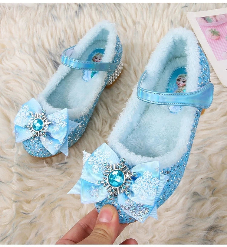 Disney Elsa Girls' High Heel Bowknot Blue Pink Fashion Children's Girl Crystal Princess Warm Winter Shoes Gift Size 23-36