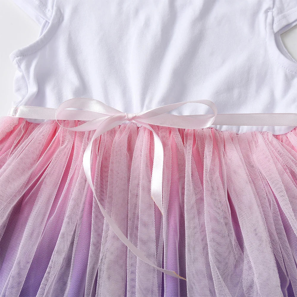 VIKITA Girls White Short Sleeve Dress Kids Colorful Sequined Butterfly Appliqued Gradient Tulle Fashion Elegant Princess Dress
