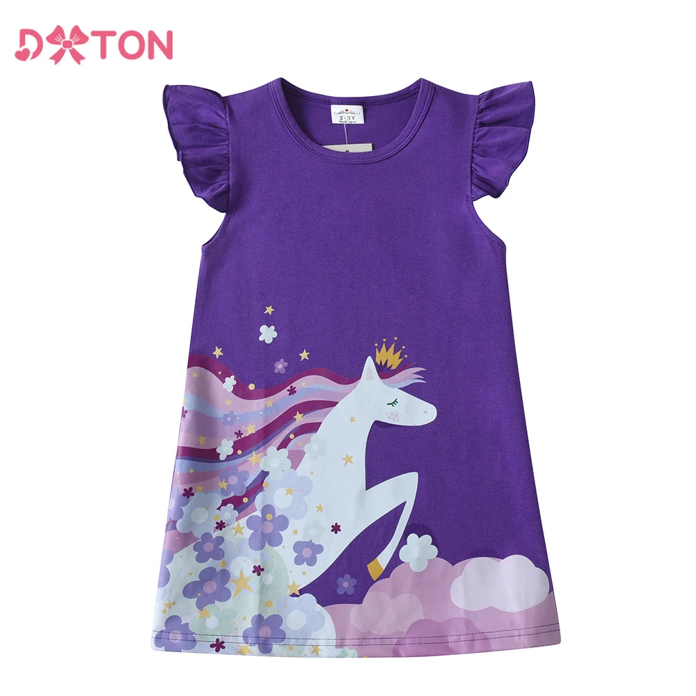 DXTON Cotton Children Dresses For Girls Floral Printed Princess Kids Dresses Unicorn Cartoon Toddlers Casual Summer Clothing