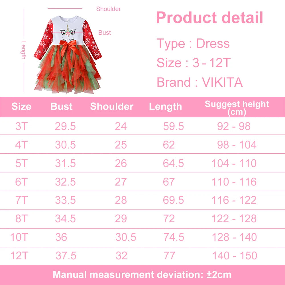 VIKITA Girls Christmas Unicorn Dress Kids Long Sleeve Snowflake Print Tutu Dress with Red Green Tiered Tulle Skirt for Xmas