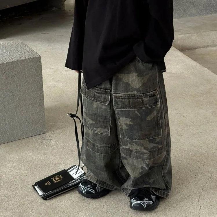 Boys' Vintage Hip-Hop CAMO Wide-Leg Jeans Kids' Spring Autumn 2025 New Release Medium-Large Denim Pants