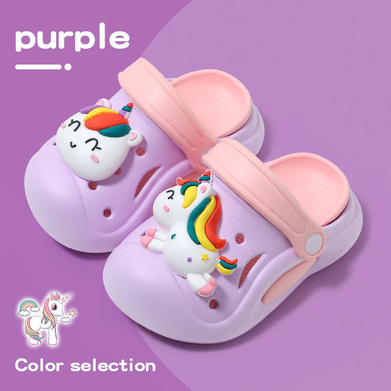 Kawaii Garden Shoes For Little Kid With Unicorn Charm Rainbow Color Girl's Clogs Outdoor Thick Sole Anti-slip Sandals Summer