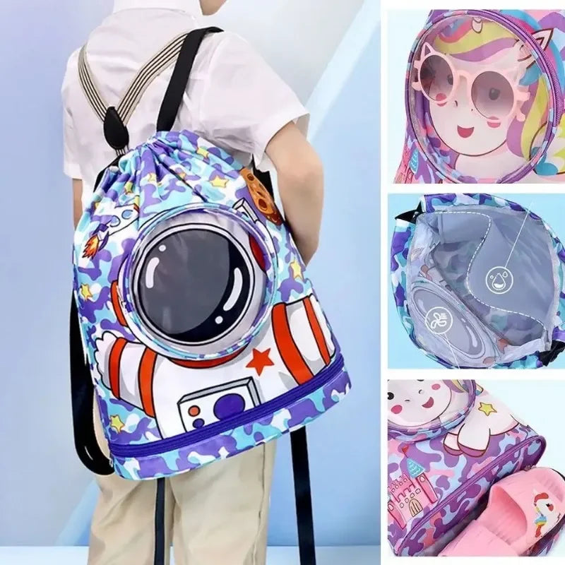 Kids Swim Beach Bag Drawstring Backpack with Shoe Compartment Cartoon Pool Bag for for Wet Swimming Sport Travel Boys Girls