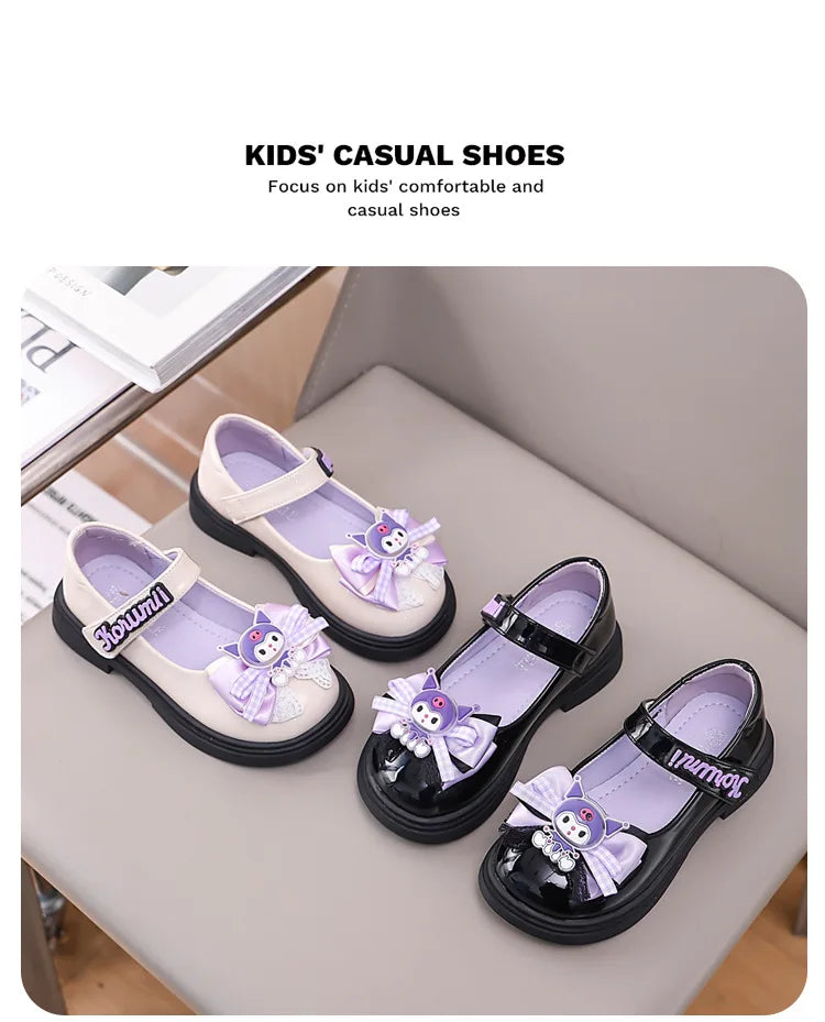 Kids'Sandals Kuromi PU Leather Bow Flat Spring Shoes For Girls Anti-slip Soft Thick Bottom White Black Shoes Size 26-36