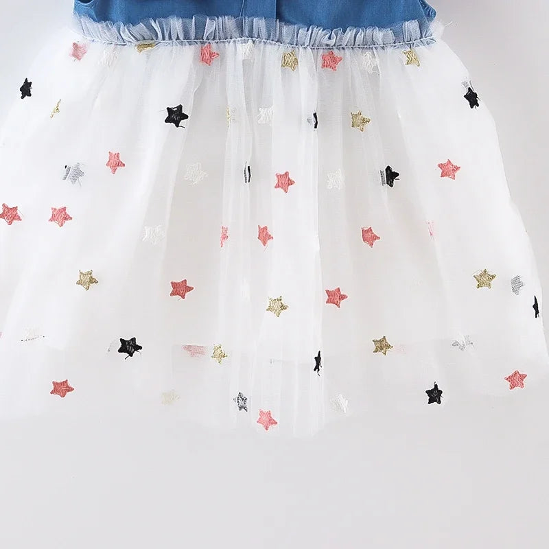 (Girls 0-3 Years Old)New Summer Girls Dress Small Flying Sleeve Bow Cowboy Work Pompous Past Polka Dot Color Sweet Princess Dres