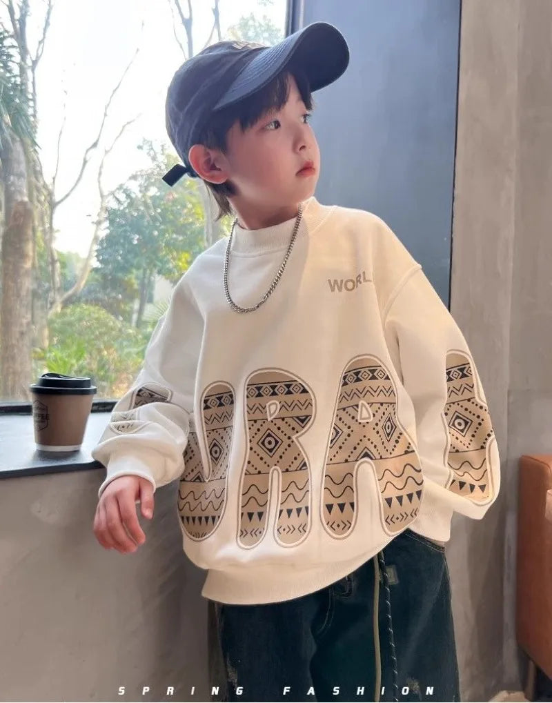 Boys' Medium-Large 2025 New Spring/Autumn Trendy No Hood Layering Top Sweatshirt