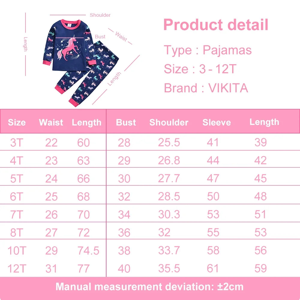 VIKITA Children Clothing Sets Kids Licorne Print Cotton Casual O Neck T Shirt and Pants 2 Pcs Suit Homewear Pajamas Kids Clothes