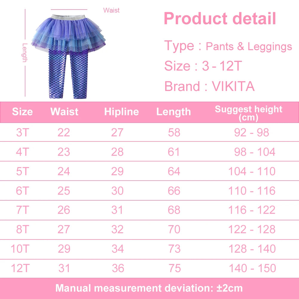 VIKITA Girls Mermaid Print Leggings with Skirts Fake 2 Pcs Children Trousers Skirt Casual Outer Trousers Mesh Tutu Skirts Pants