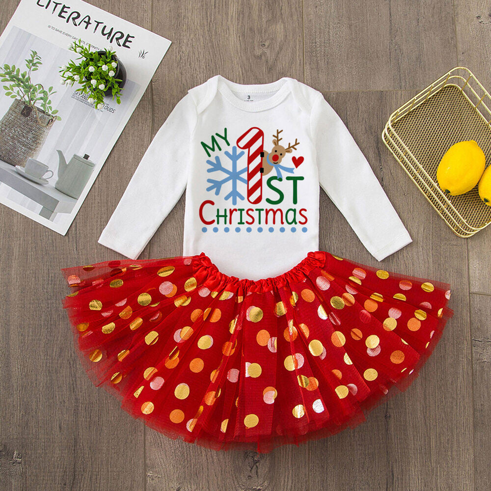 My 1St Christmas Baby Bodysuit Cake Dresses Set Infant Girls Long Sleeve Playsuit Tutu Skirts Clothes Toddler Xmas Party Outfits