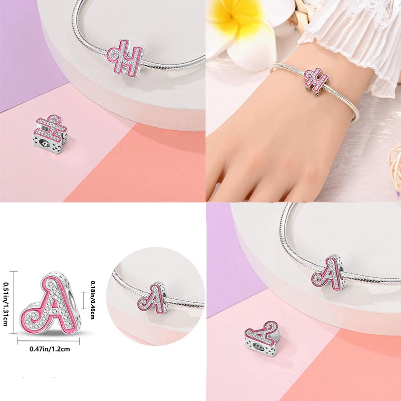 Pink Girl Series 925 Sterling Silver Alphabet Charms Beads Cute Letter Fit Original Bracelet Bangle Necklace DIY Jewelry
