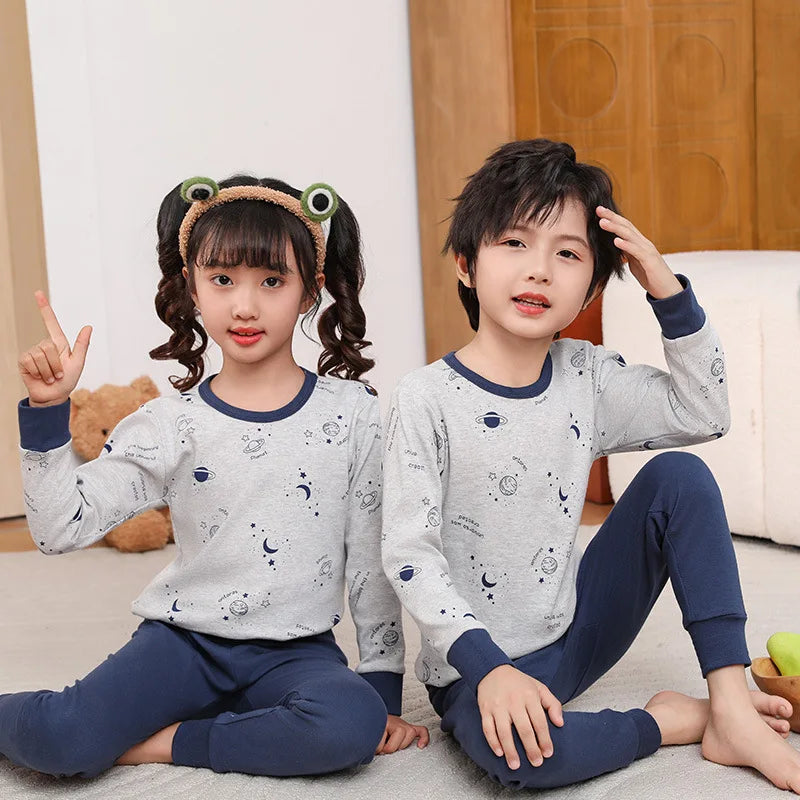 Children's Autumn Clothes and Pants Pure Cotton Set for Boys and Girls Warm Underwear Cartoon Pattern Children's Pajamas Set