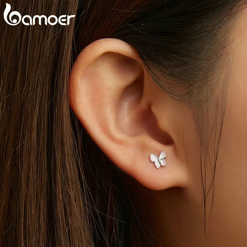 Bamoer 925 Sterling Silver Luxury Girl Earrings Rainbow Butterfy Cute Fancy Funny Ear Stud Original for Women Party Fine Jewelry